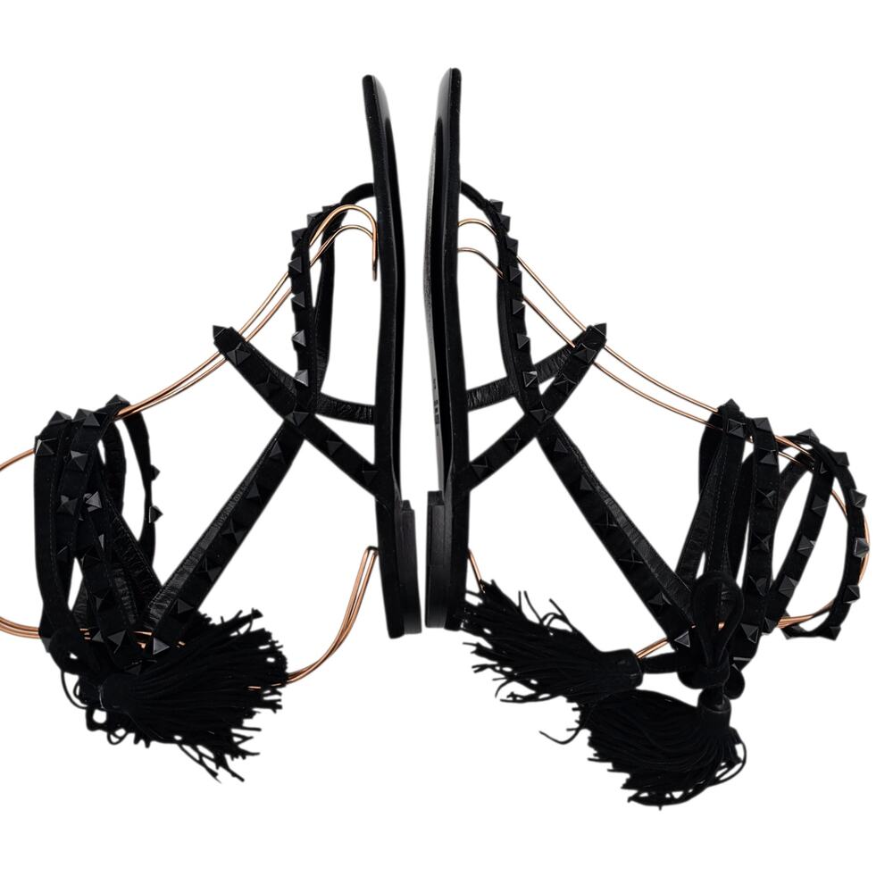 Valentino Garavani Rockstud Gladiator Flat Sandal Black Suede Size 37.5 US 7.5 - Picture 6 of 12